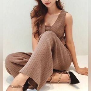 Resexxy Onee Gyaru Japanese Taupe Brown Stretchy Knit Wide Leg Jumpsuit